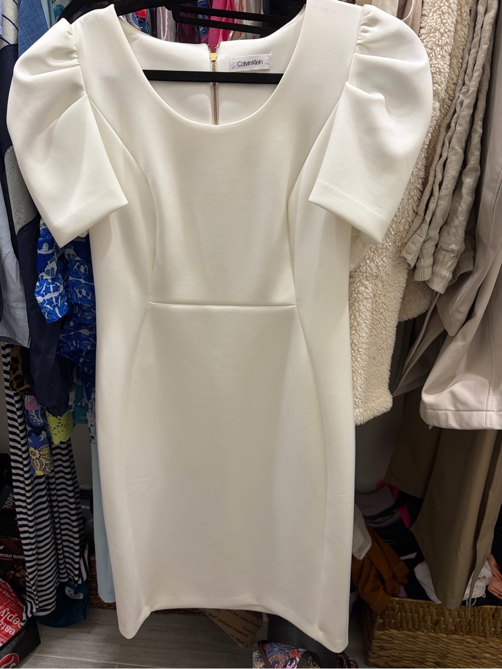 Calvin Klein Cream Puff-Sleeve Midi Sheath Dress